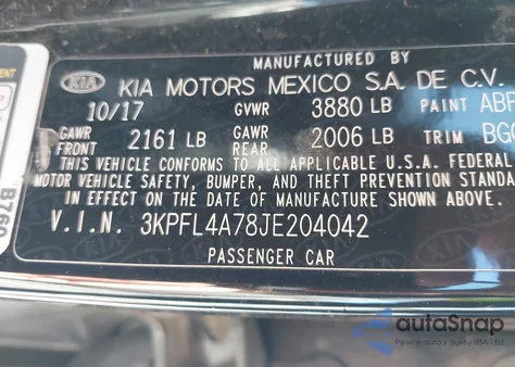 2018 Kia Forte Lx z USA, uszkodzony, nr VIN 3KPFL4A78JE204042